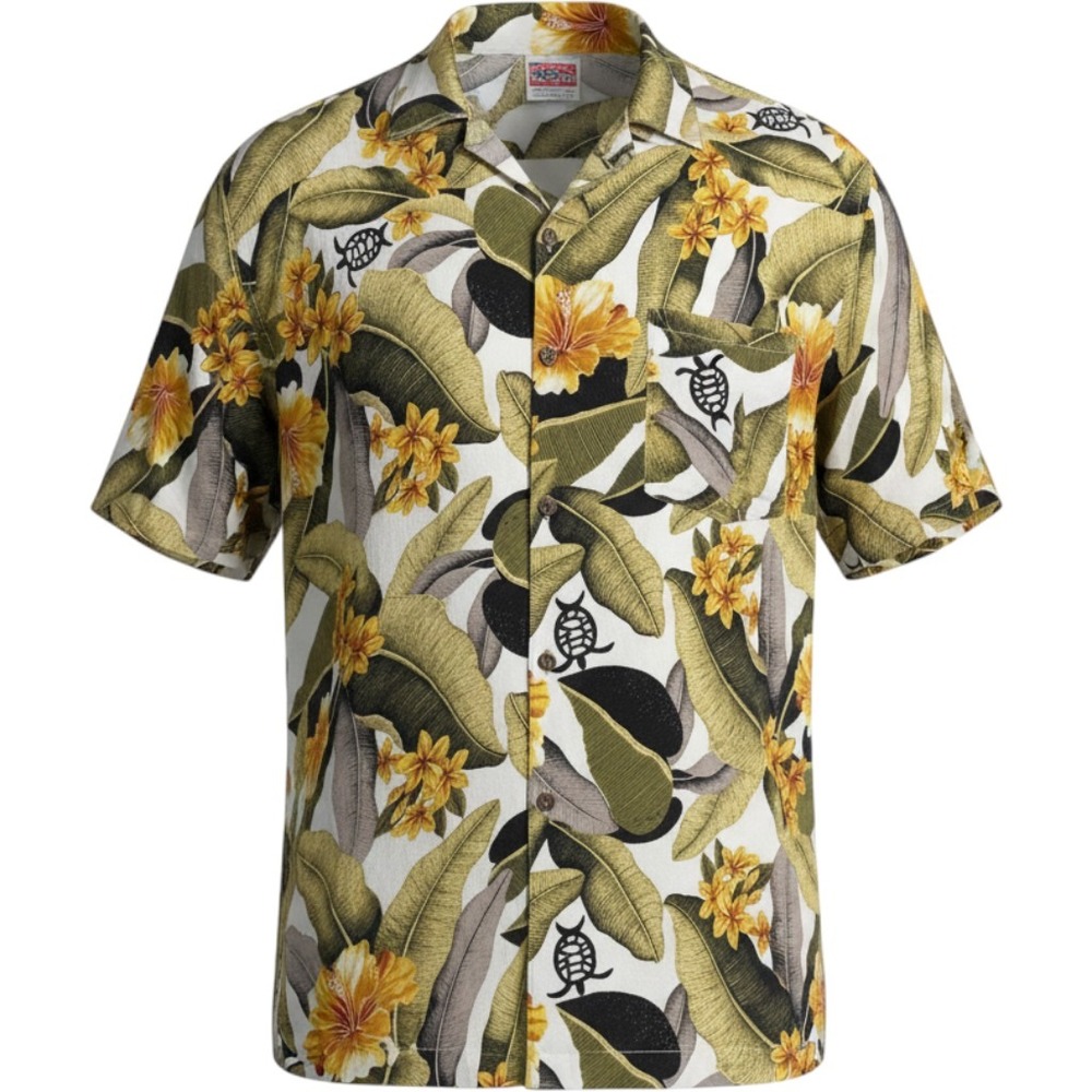 Hawaiian Shirt Mens 2X Yellow Green Tropical Hibiscus Sea Turtle